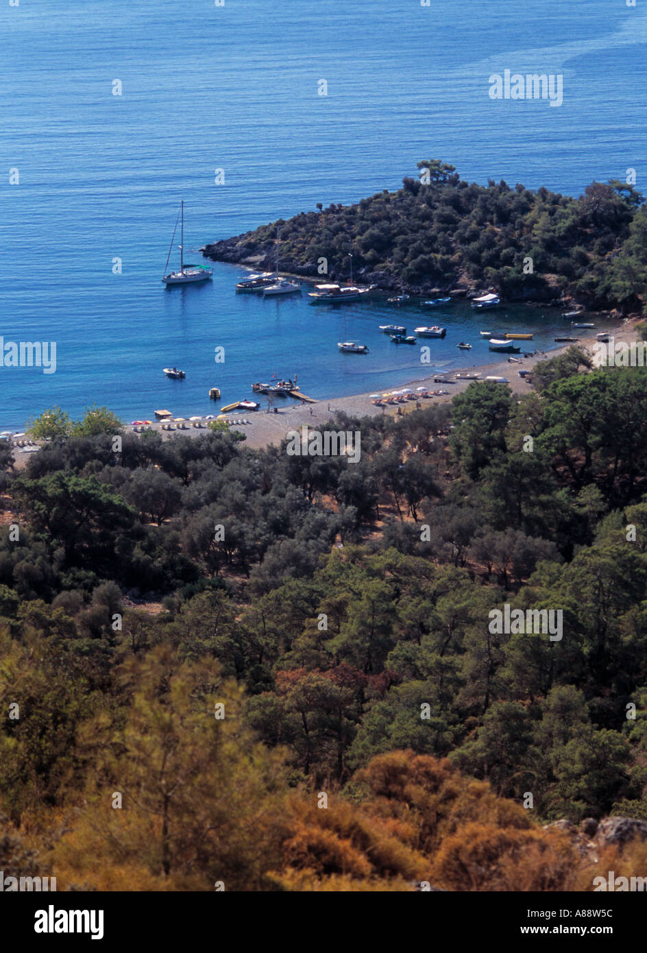 boats beach and bay near Oludeniz and St Nicholas island Stock Photo