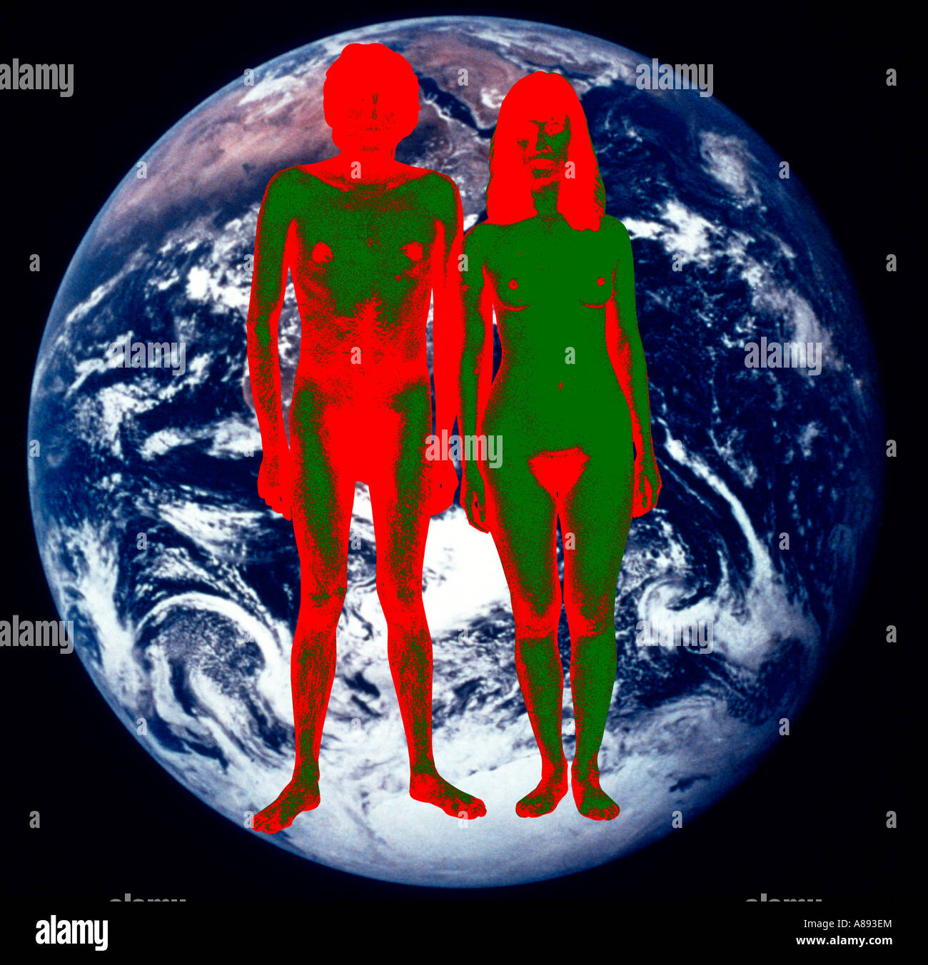 Couple superimposed over planet earth symbolising intelligent life on our planet. Stock Photo