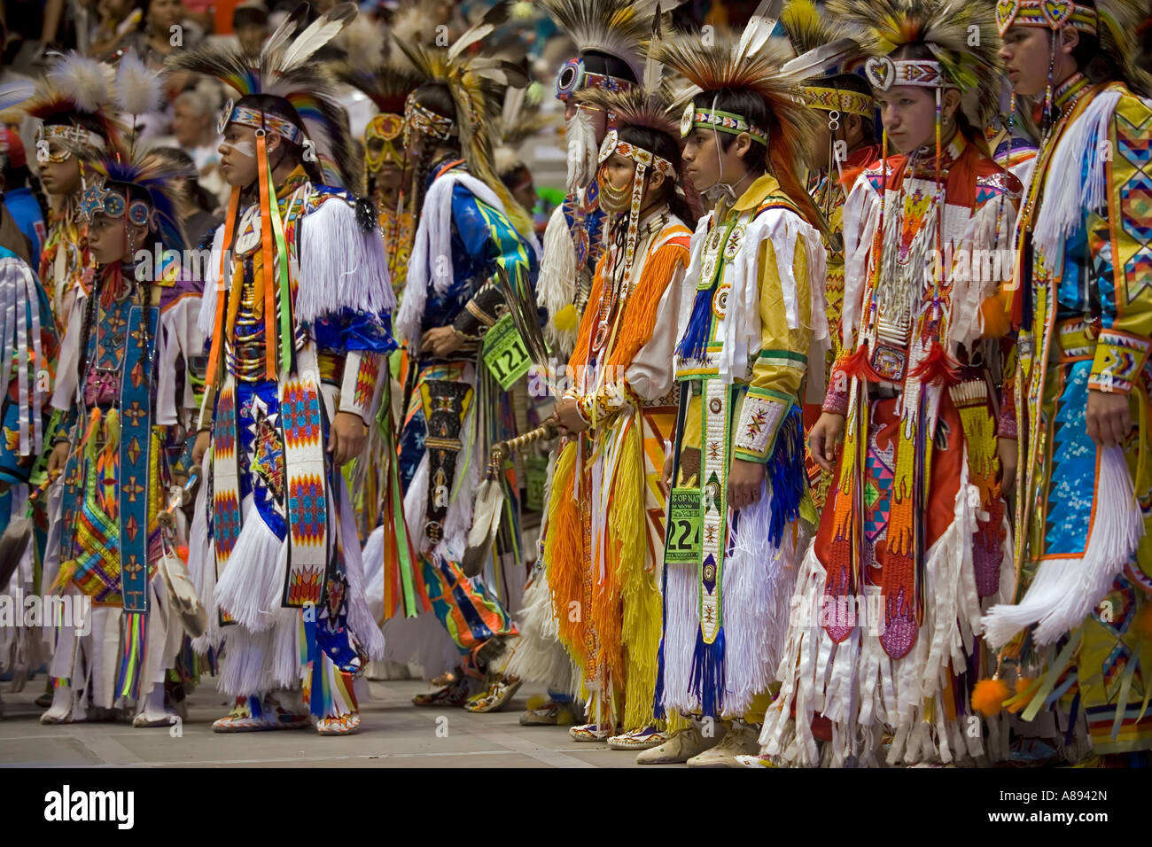 Participants in the annual Gathering of Nations powwow waiting to take part in a contest Stock Photo