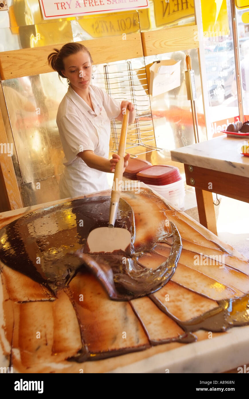 Jenna demonstrates fudge making at Uncle Bob s Fudge Kitchen on Main