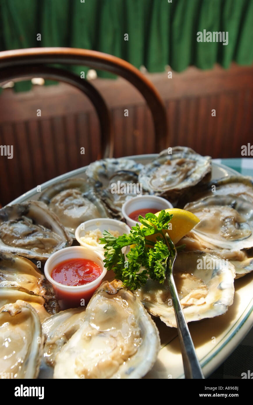 A platter of oysters on a half shell at McGarvey s Saloon Oyster Bar on Dock Street in Annapolis Stock Photo