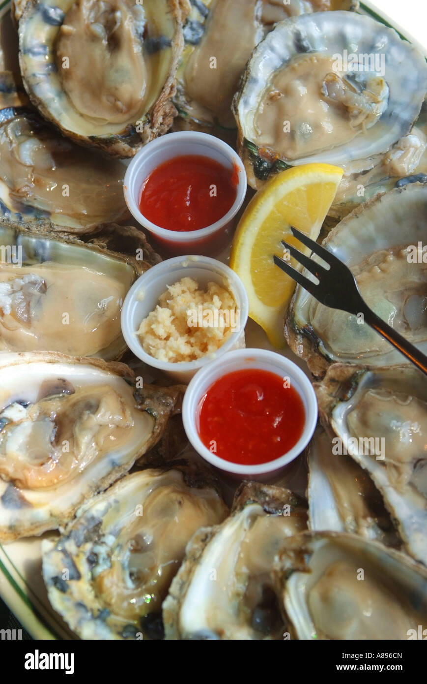 A platter of oysters on a half shell at McGarvey s Saloon Oyster Bar on Dock Street in Annapolis Maryland Stock Photo