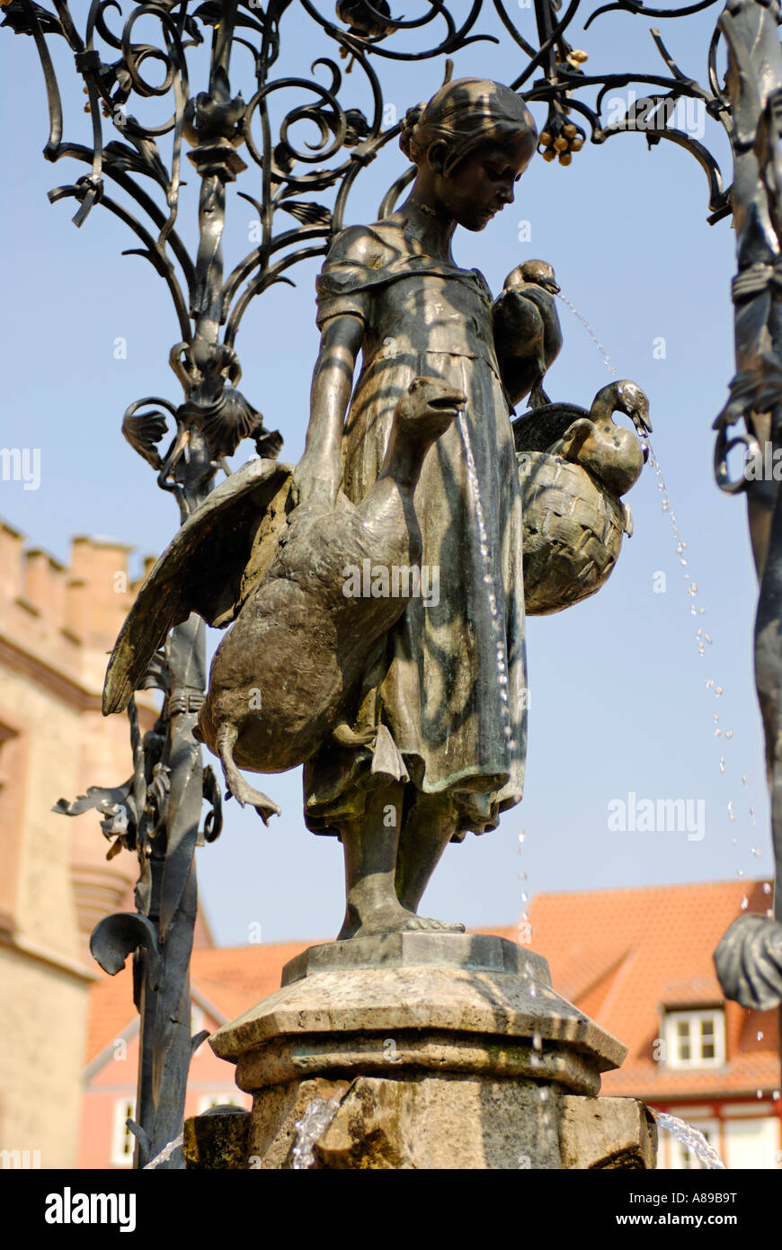 Goettingen Lower Saxony Germany at the marktplatz marketplace with the Gaenseliesel fountain Stock Photo