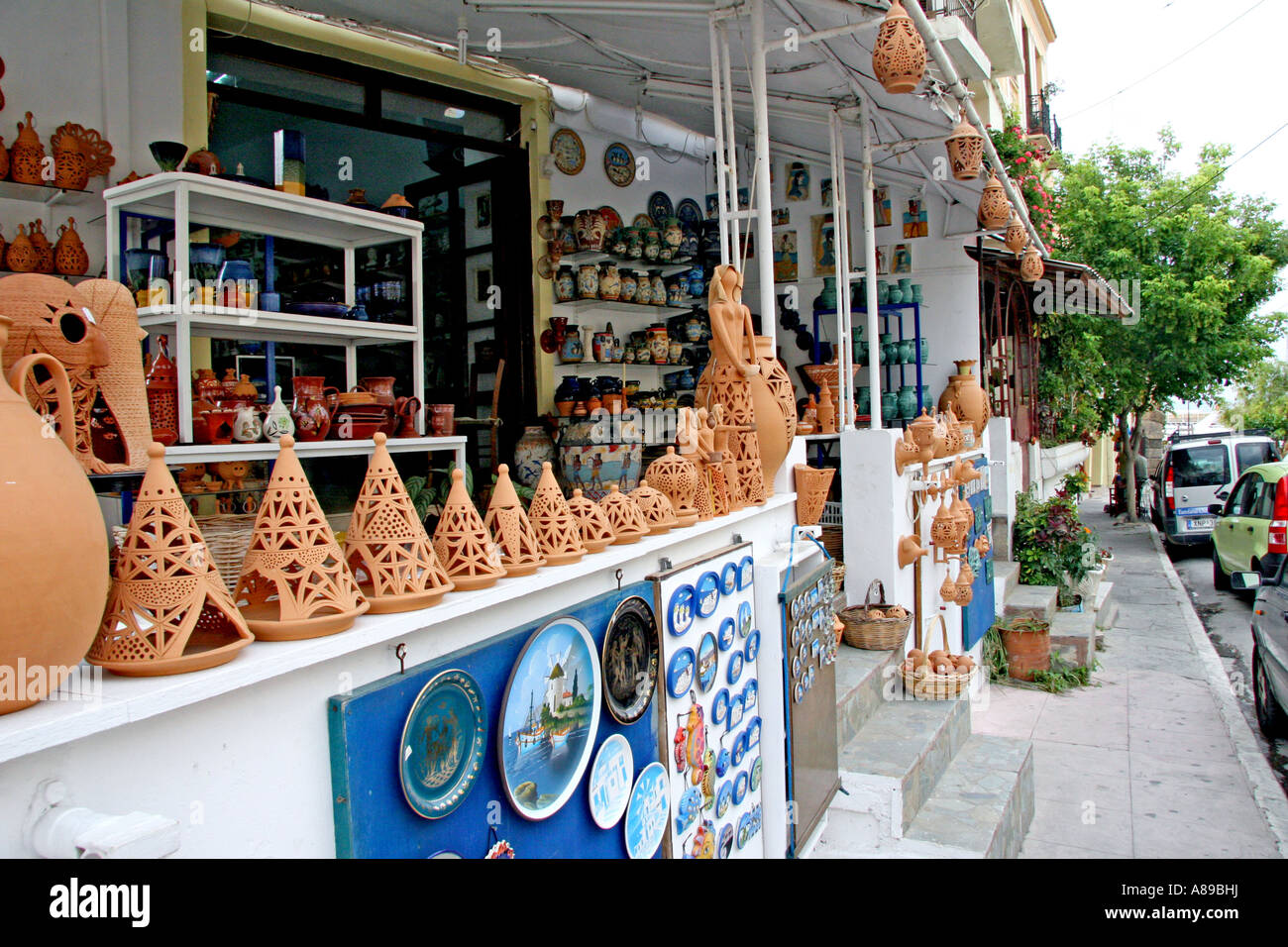 Souvenir shop with pottery, Chania, Crete, Greece Stock Photo