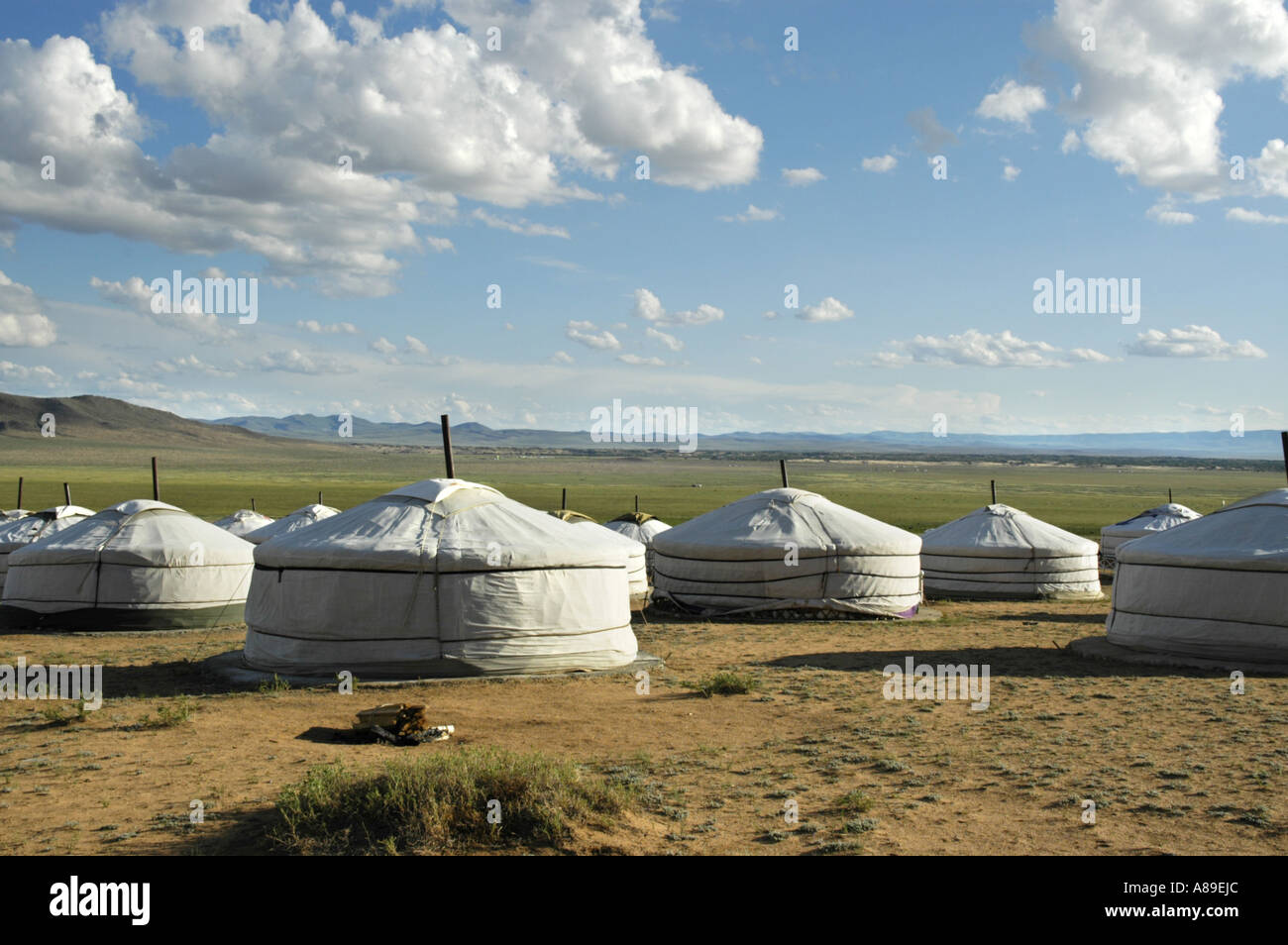 Yurts ger in a camp in wide open steppe Bayangobi Mongolia Stock Photo ...