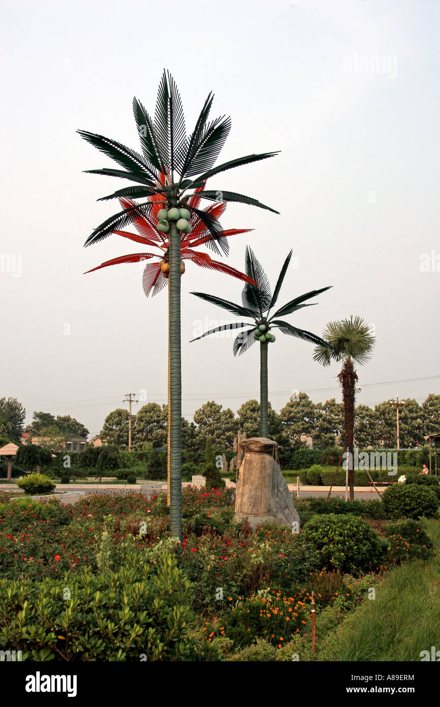 Plastic palm trees in park, Wuzhi, China Stock Photo
