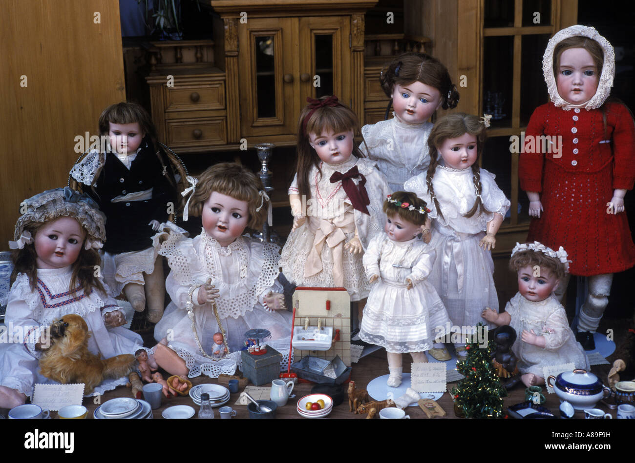 Collection of old dolls. Stock Photo