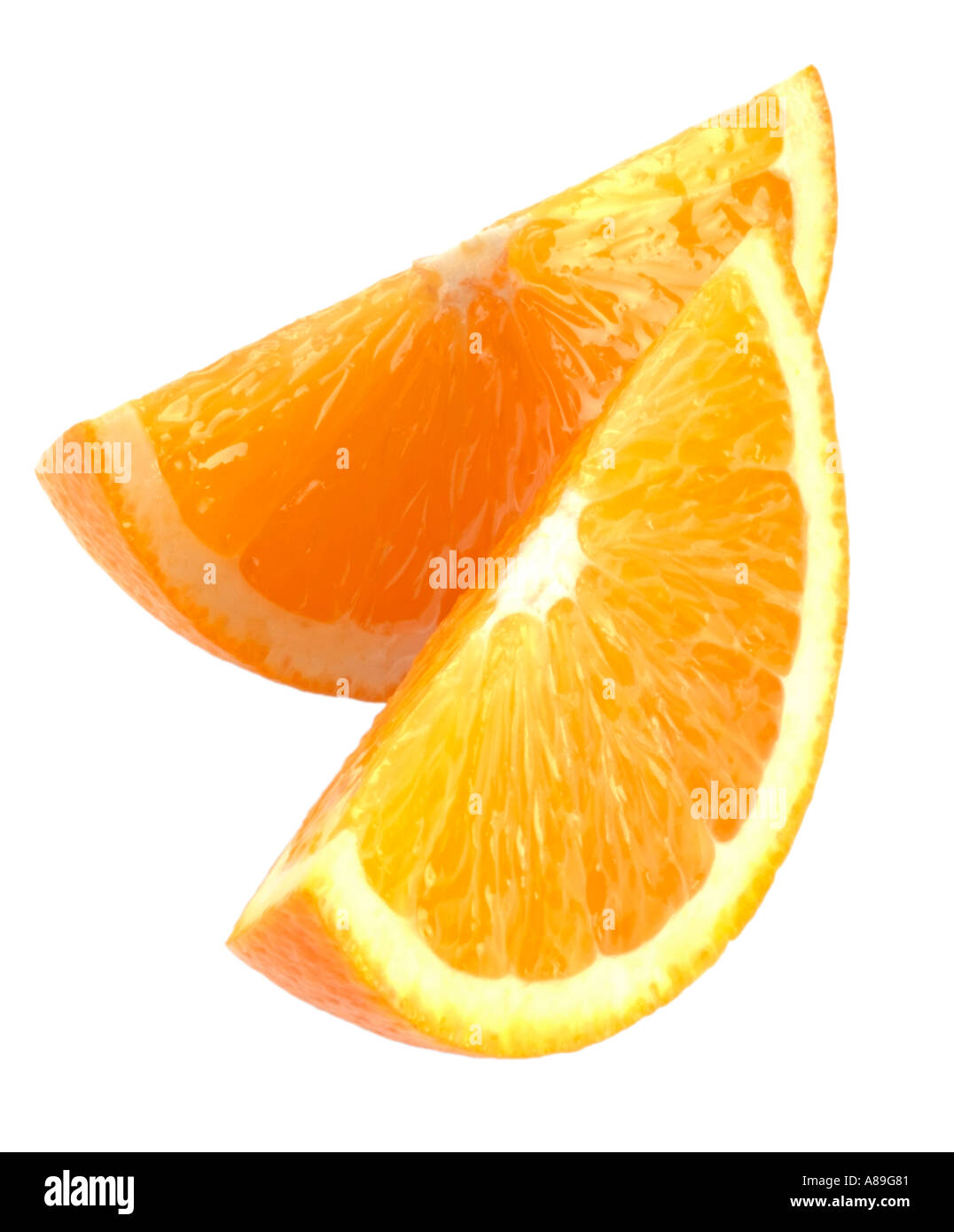 TWO ORANGE SEGMENTS ON WHITE Stock Photo Alamy