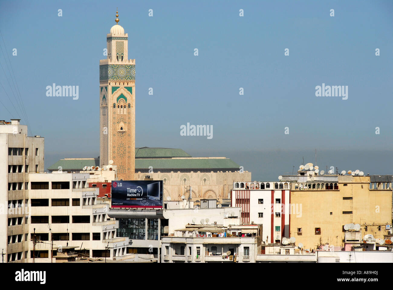 View of the city and minaret of mosque Hassan II Cacablanca Morocco Stock Photo