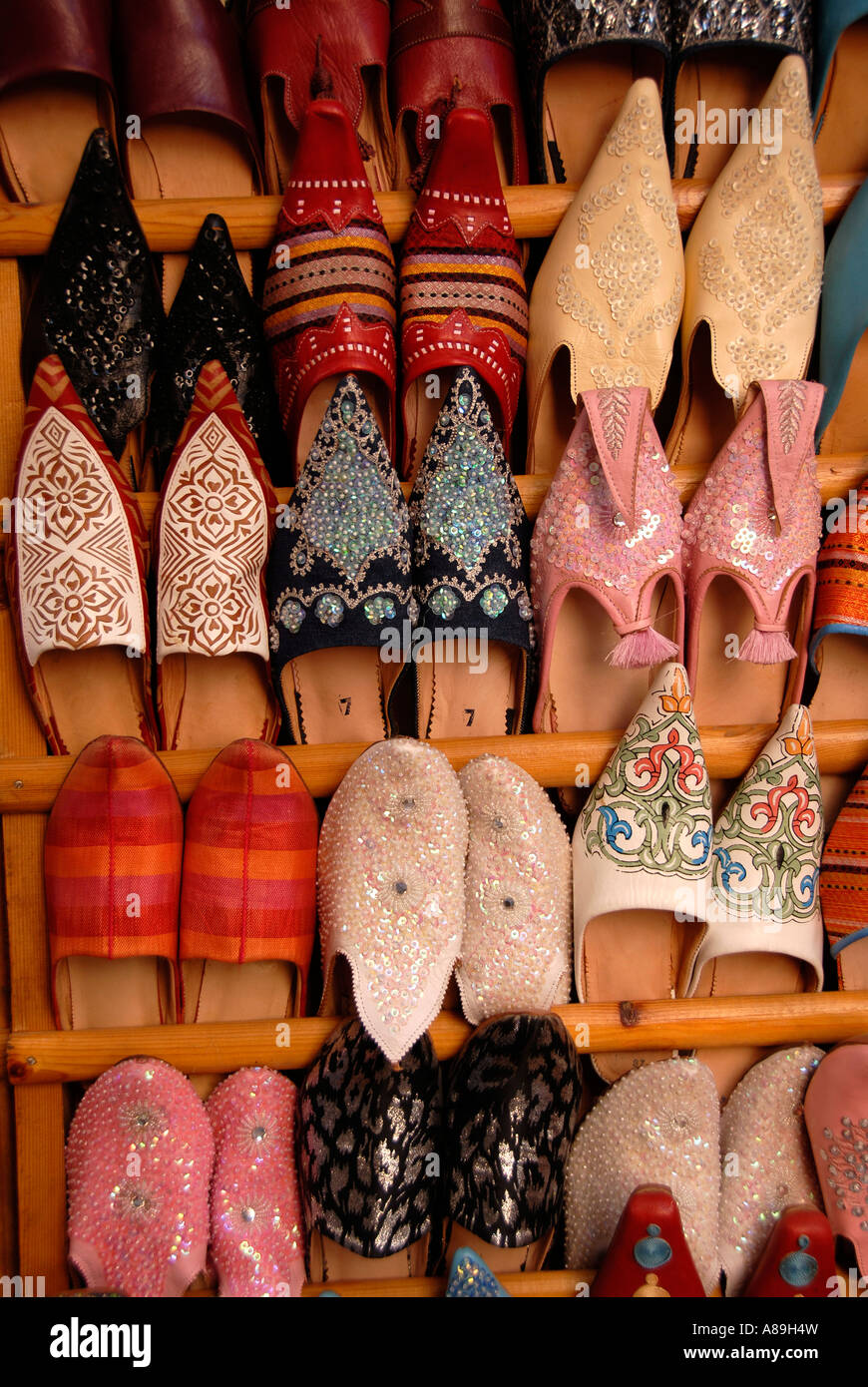 Oriental leather shoes for sale Medina Marrakech Morocco Stock Photo