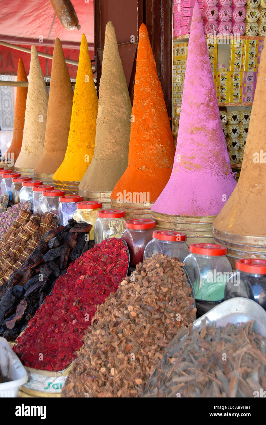 Colourful decoration spices in Berber pharmacy medina Marrakech Morocco Stock Photo