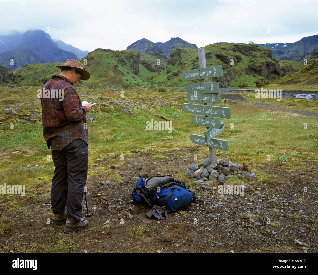 Woman studies map in front of a guidepost, Thorsmoerk, Iceland Stock Photo