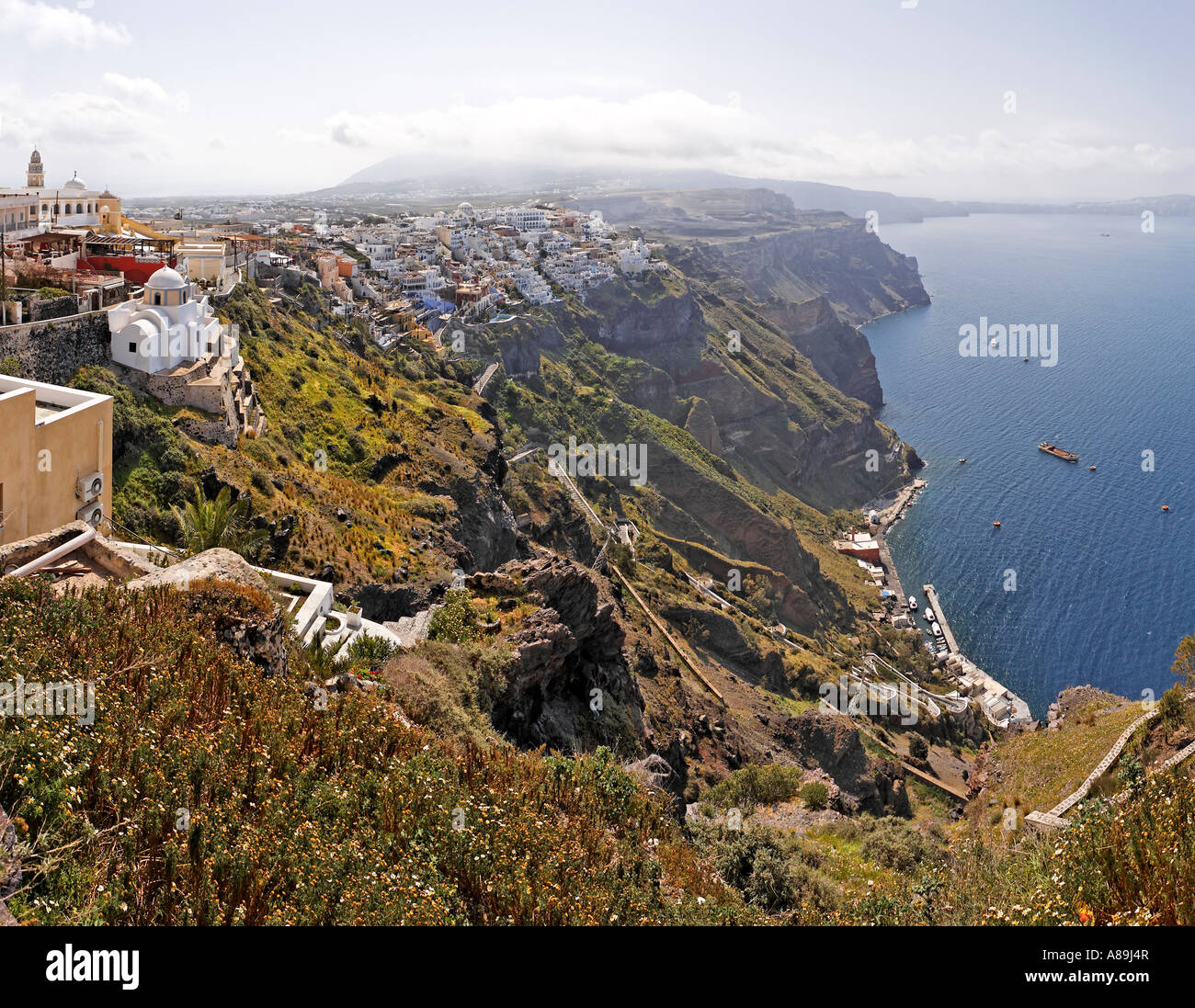 View over the town situated at the edge of the caldera, Thira, Santorini, Greece Stock Photo