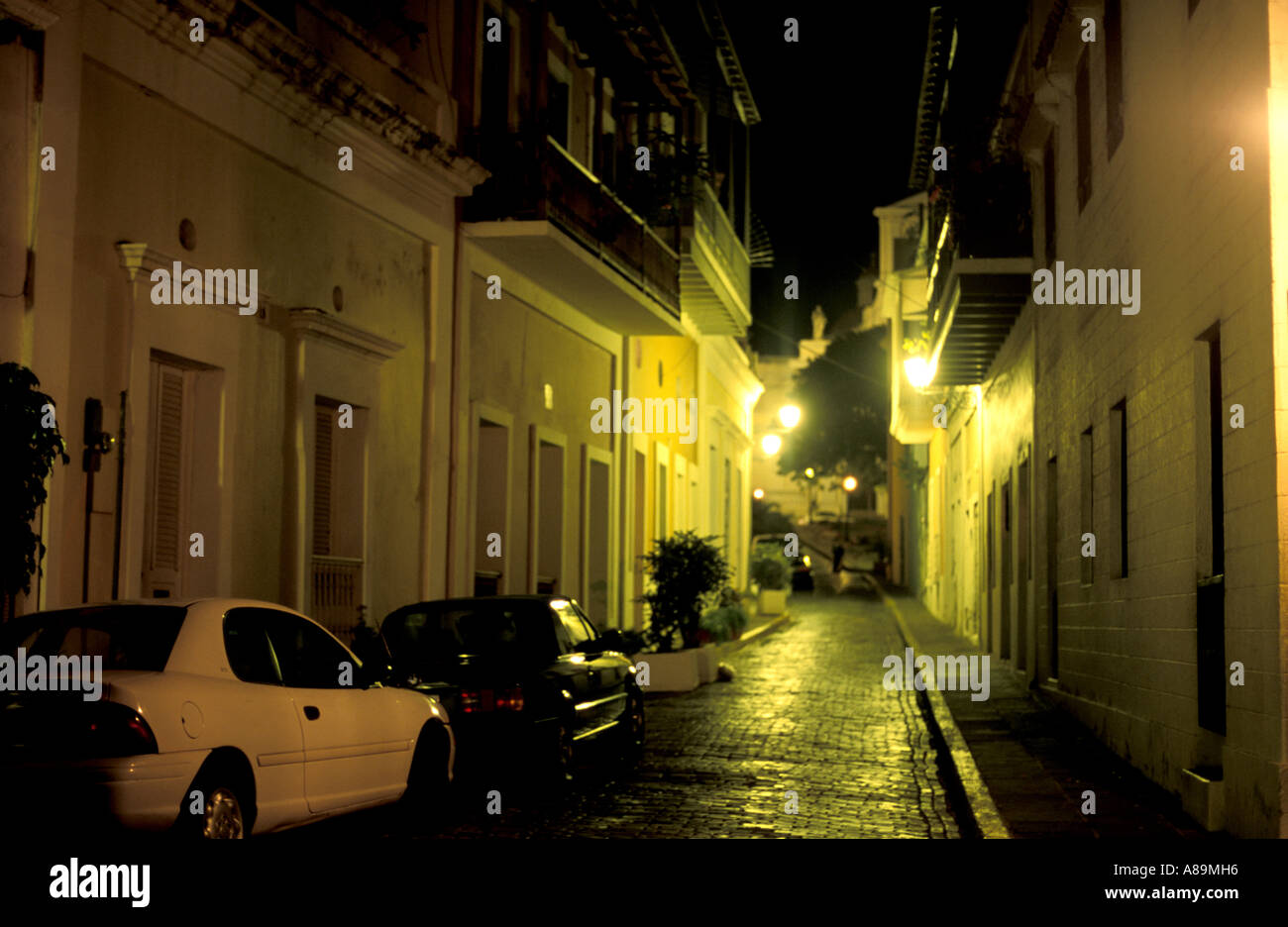 Caribbean island Puerto Rico Old San Juan street lights at night Stock