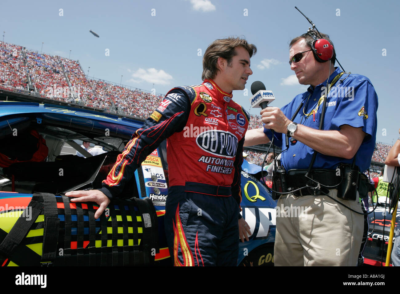 Alabama Talladega Superspeedway,Aaron's 499 NASCAR Nextel Cup Series,Pit Road,driver Jeff Gordon,interview,interviews,interviewing,visitors travel tra Stock Photo
