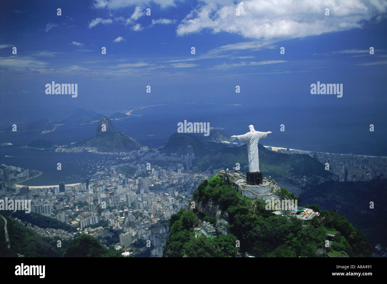 Aerial view of Corcovado above Botafogo Bay and Pao de Acucar Stock Photo
