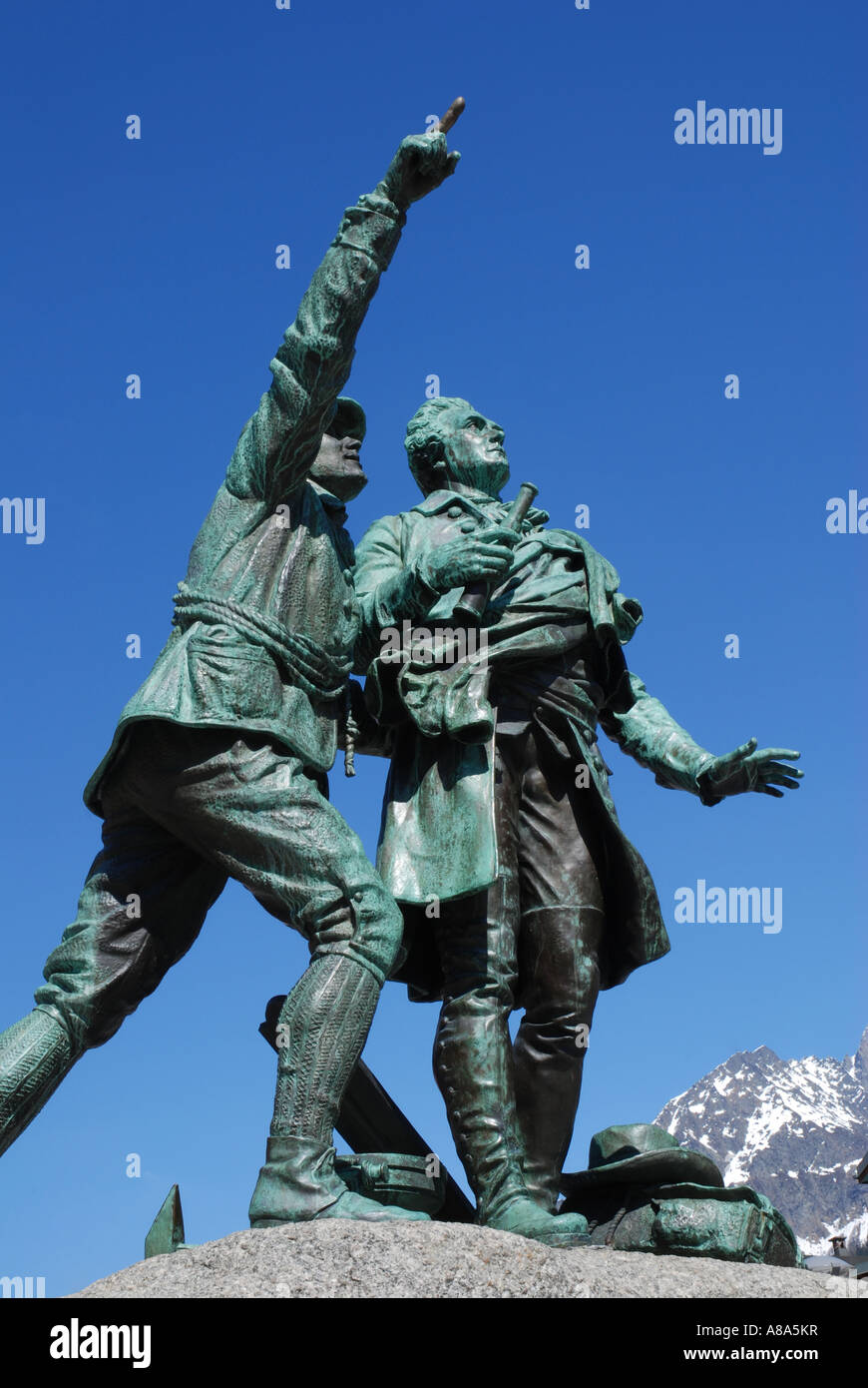 De Saussure Memorial in Chamonix with Mont Blanc France Stock Photo