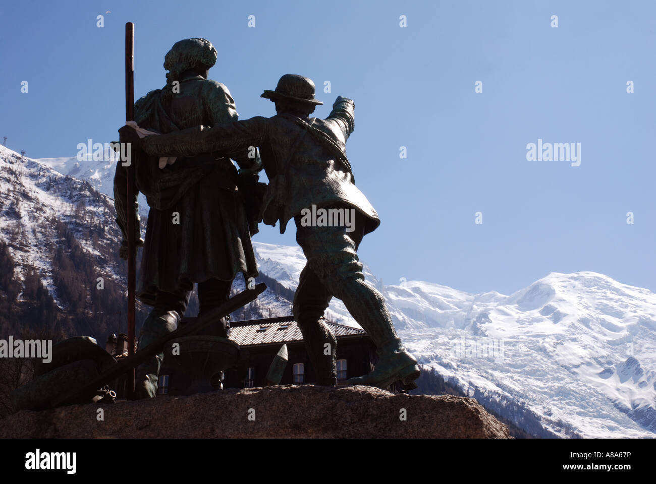 De Saussure Memorial in Chamonix with Mont Blanc France Stock Photo