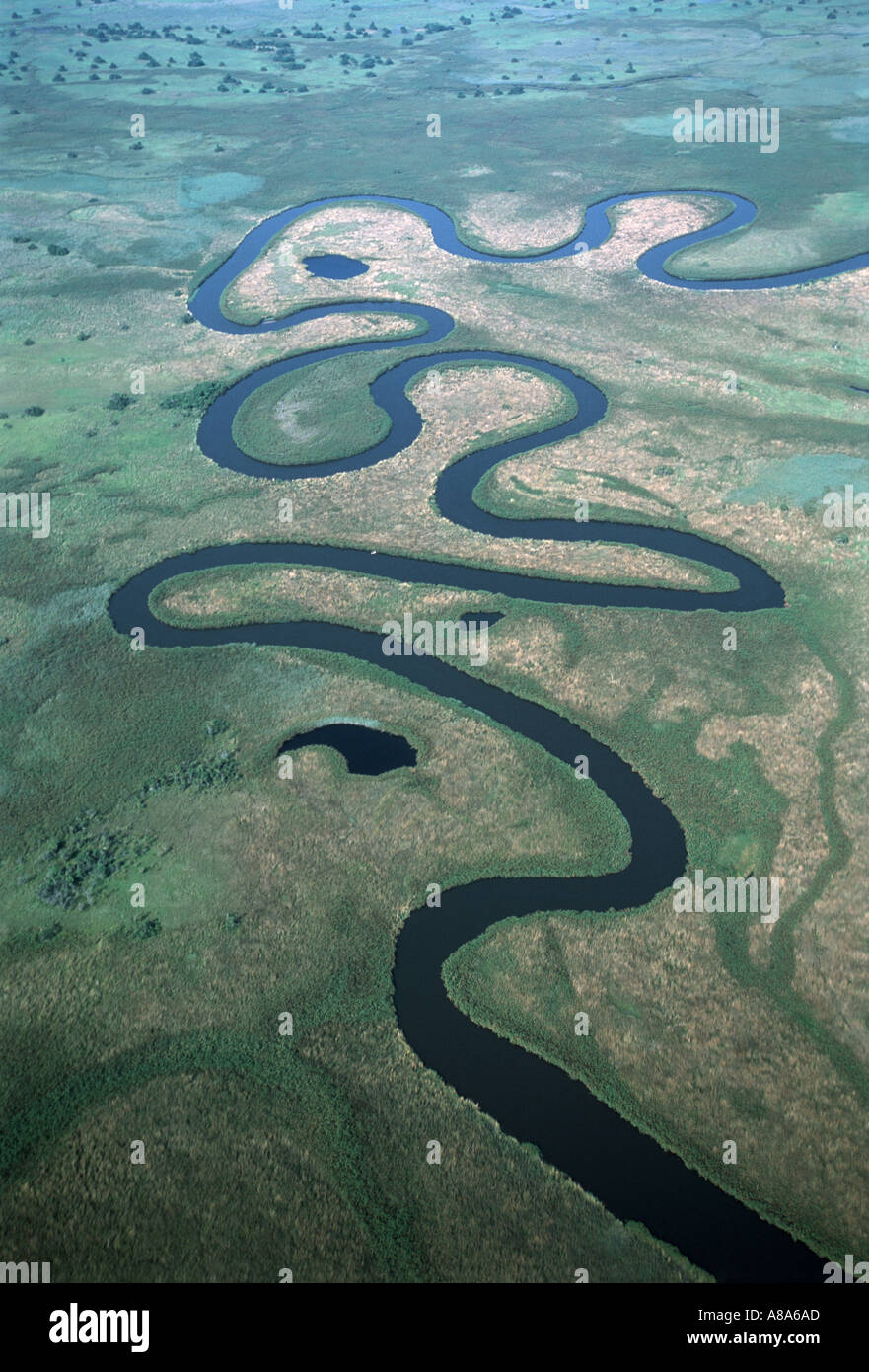 Botswana Aerial of river channel through the Okavango delta Botswana ...