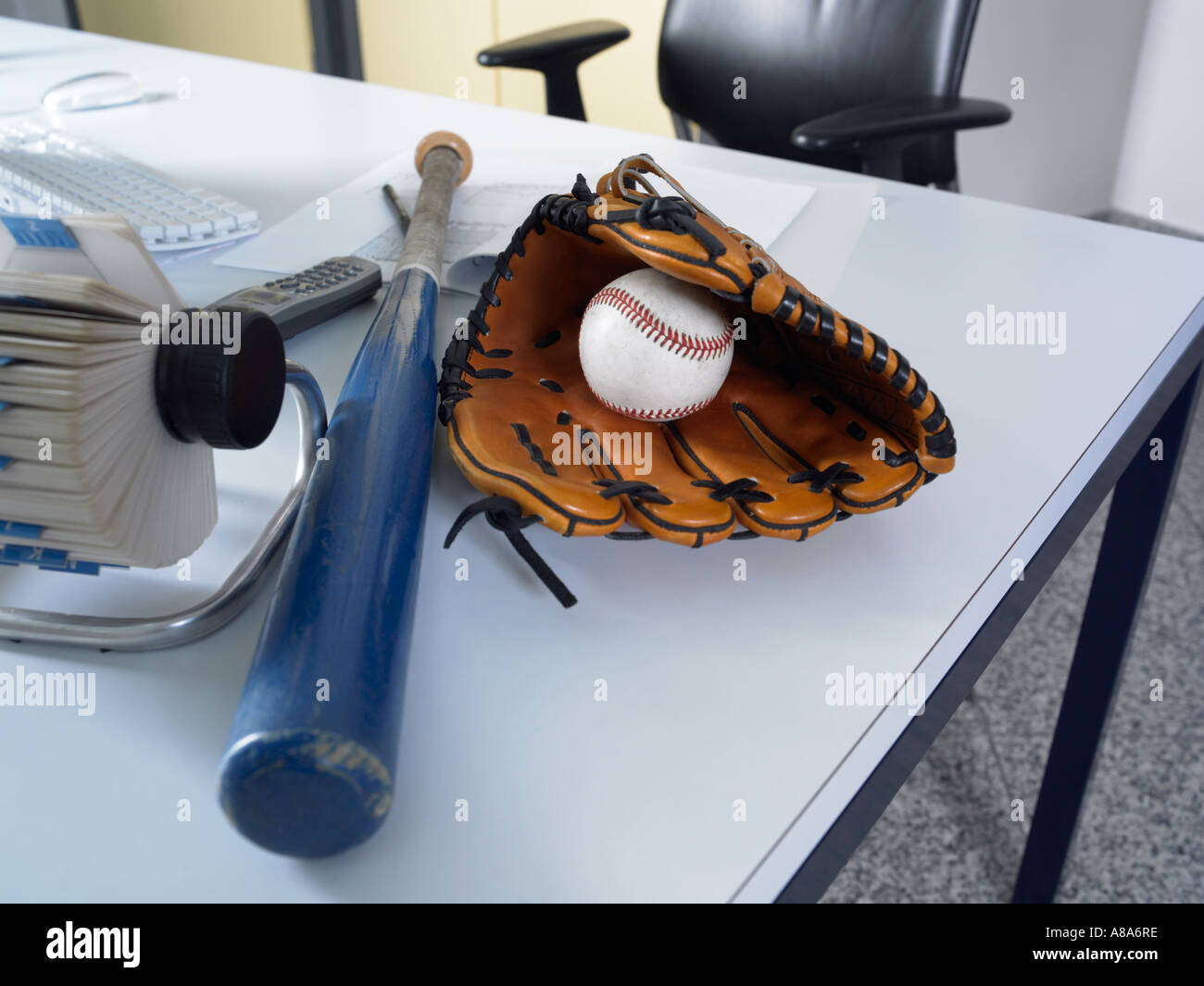 Baseball equipment on a desk Stock Photo Alamy