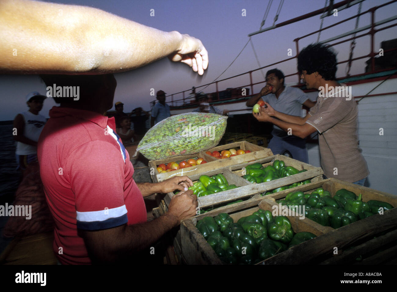 Supply boat loaded with fruit and vegetables leaving Maracaibo Venezuela en route to the Toas Islands  Stock Photo