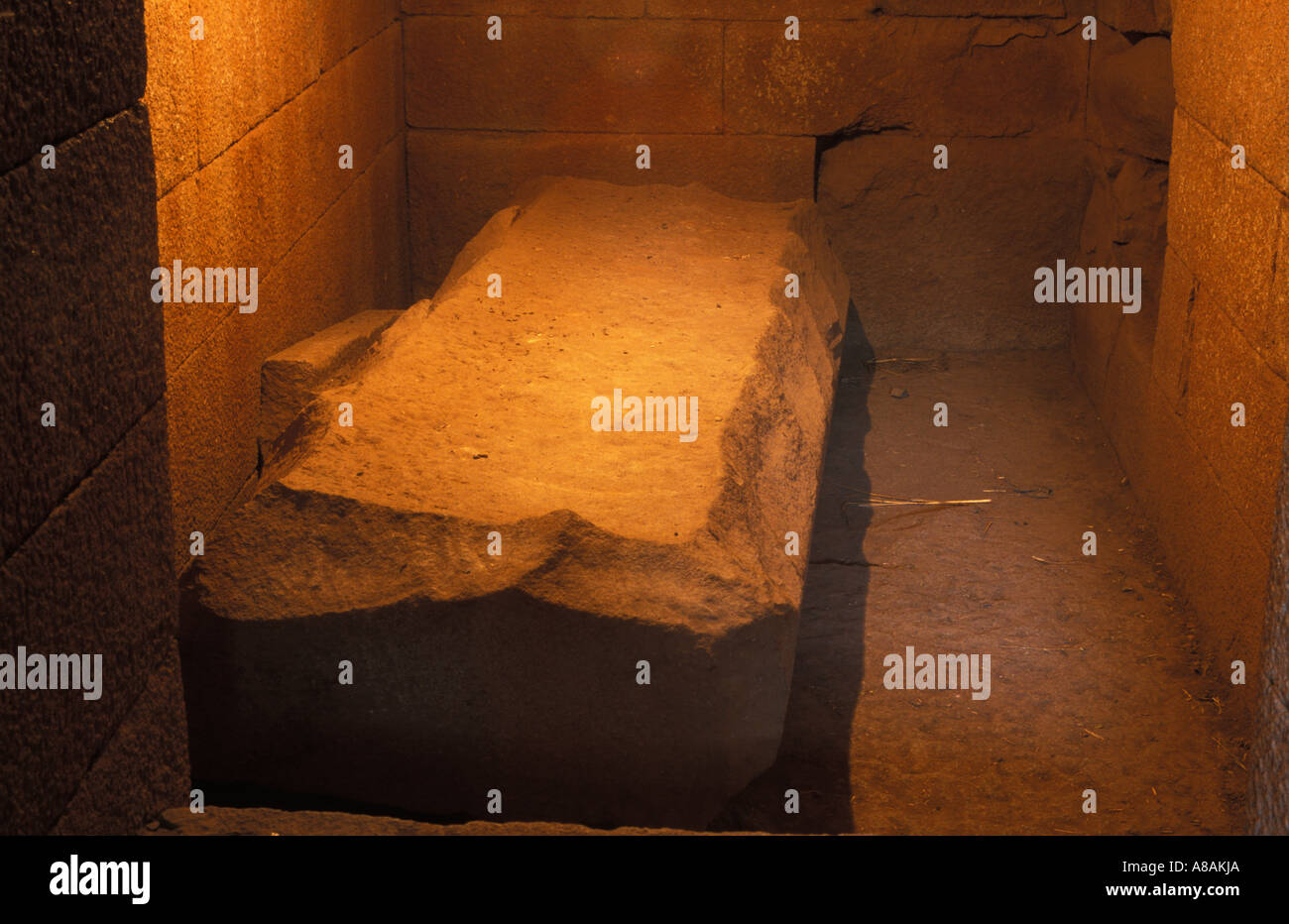 Ramhai's sealed stone coffin inside Ramhai's tomb underneath the stelae field, Axum, Ethiopia Stock Photo