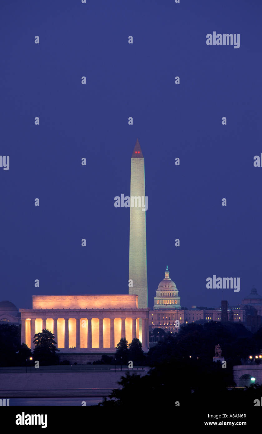 USA Washington DC the Lincoln Memorial the Washington Monument and the US Capitol Building Stock Photo