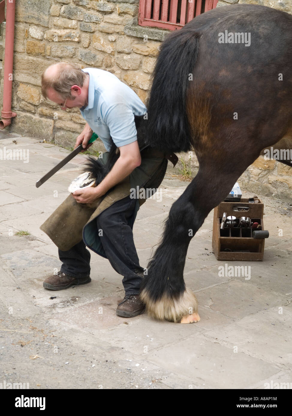 Mobile farrier trimming a horses hoof using a rasp at Beamish museum of