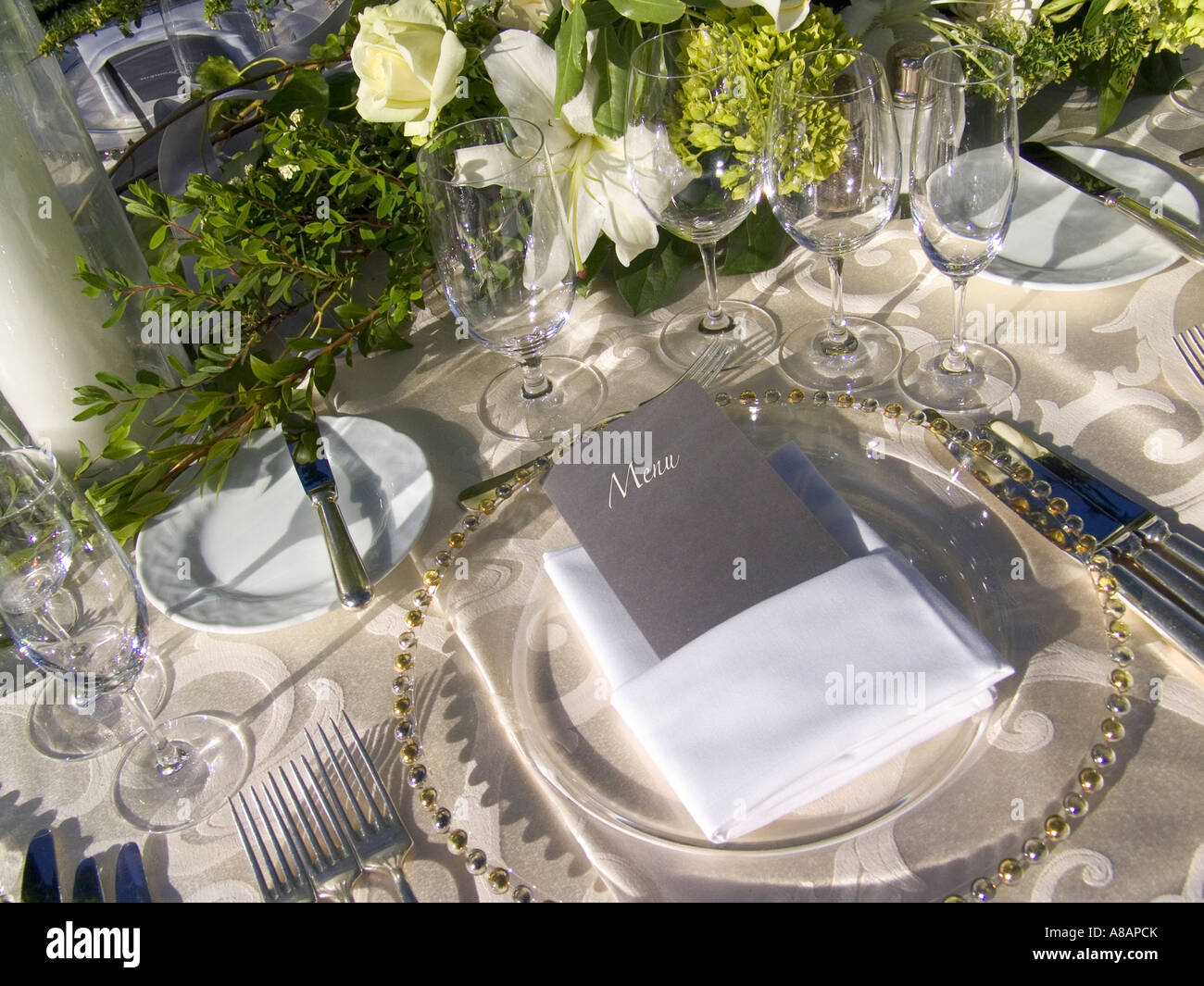Luxury Sunlit Table Place Setting And Menu Card In A Sunny