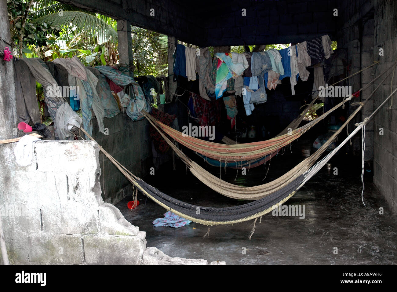 Hammocks, personal clothing and laundry hang in an opensided sleeping