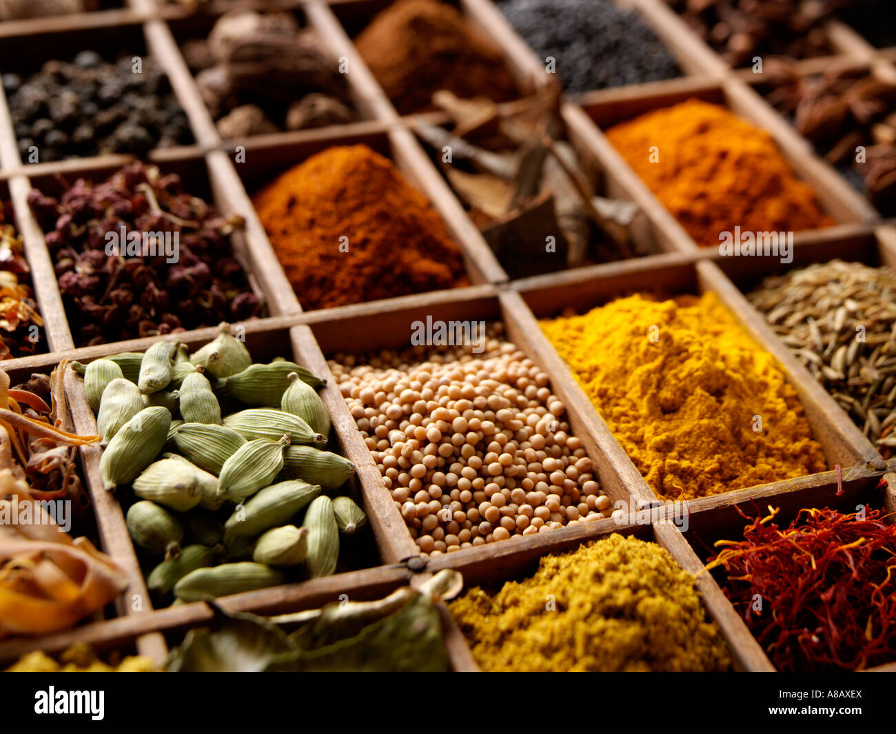 A variety of Indian spices in a wooden tray editorial food Stock Photo