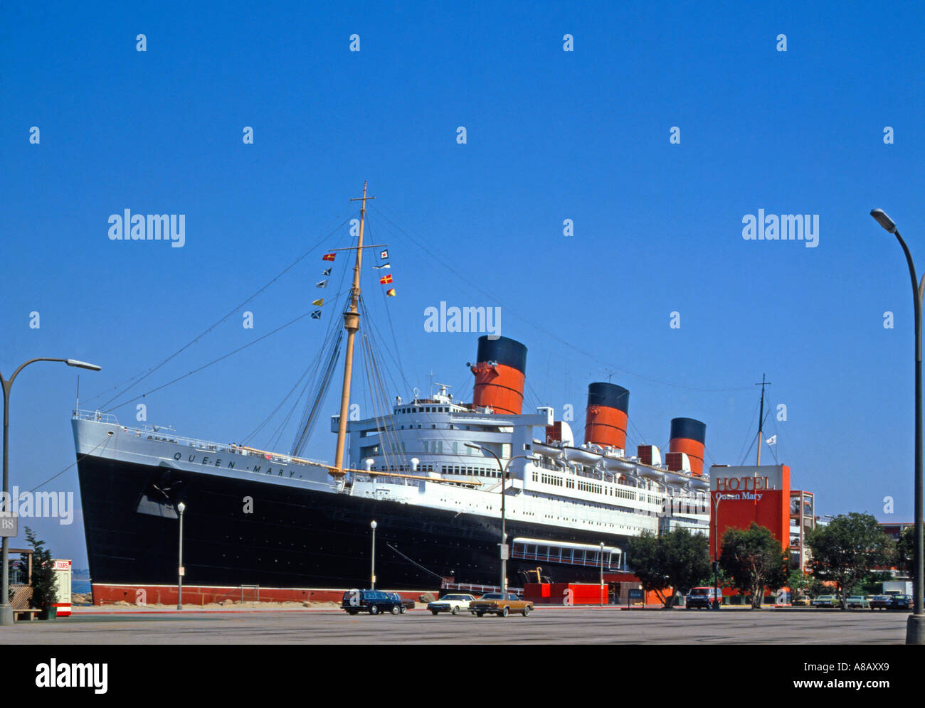 Queen Mary, the retired British transatlantic liner now moored at Long Beach, California USA and  converted into a hotel Stock Photo