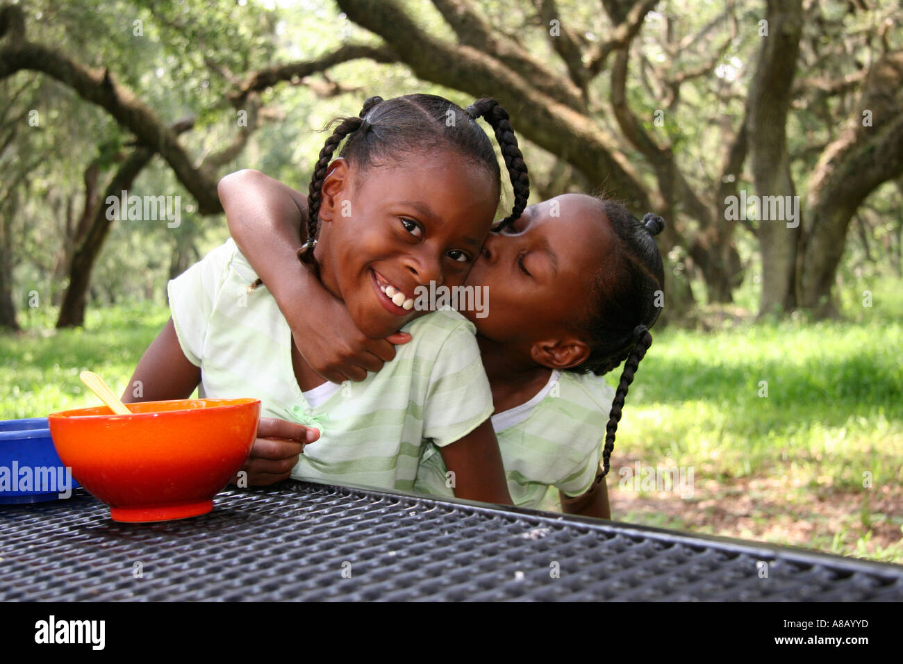 Two Afro American twin sisters sitting at the picnic table in the park having fun. Stock Photo