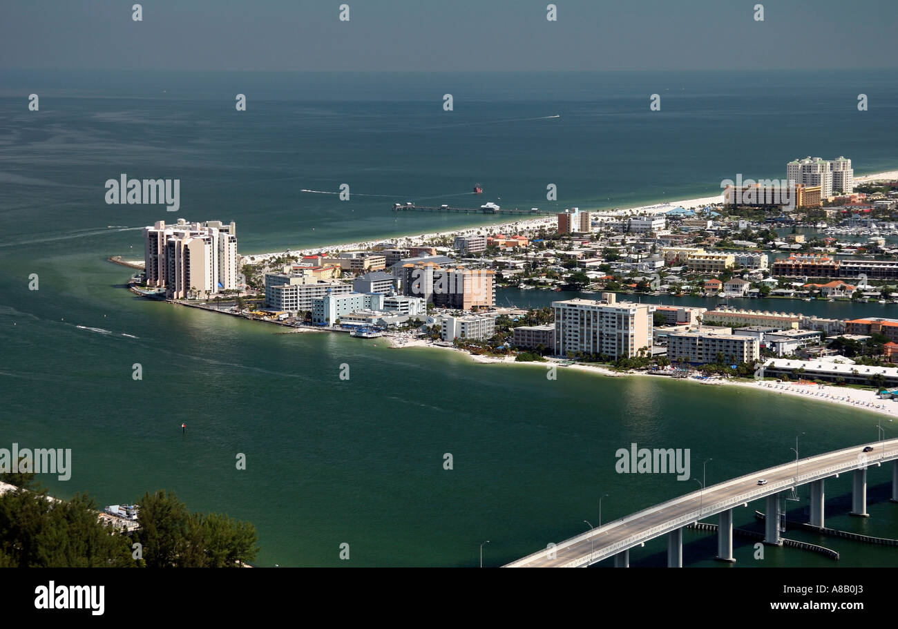 Aerial view of Clearwater Beach Island, Clearwater Pass, Harbor, Bay