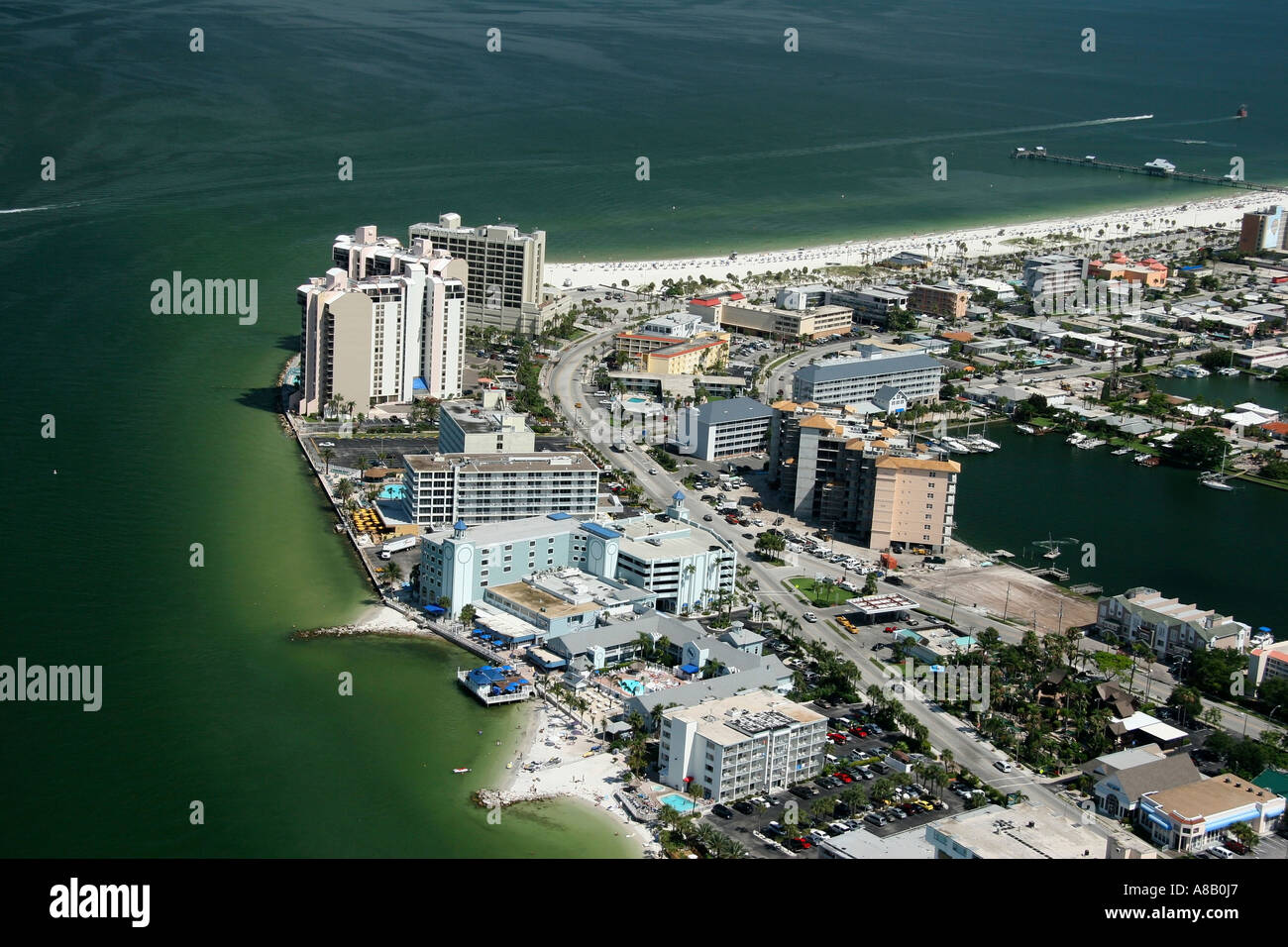 Aerial view of Clearwater Beach Island, Waterfront hotels, Clearwater
