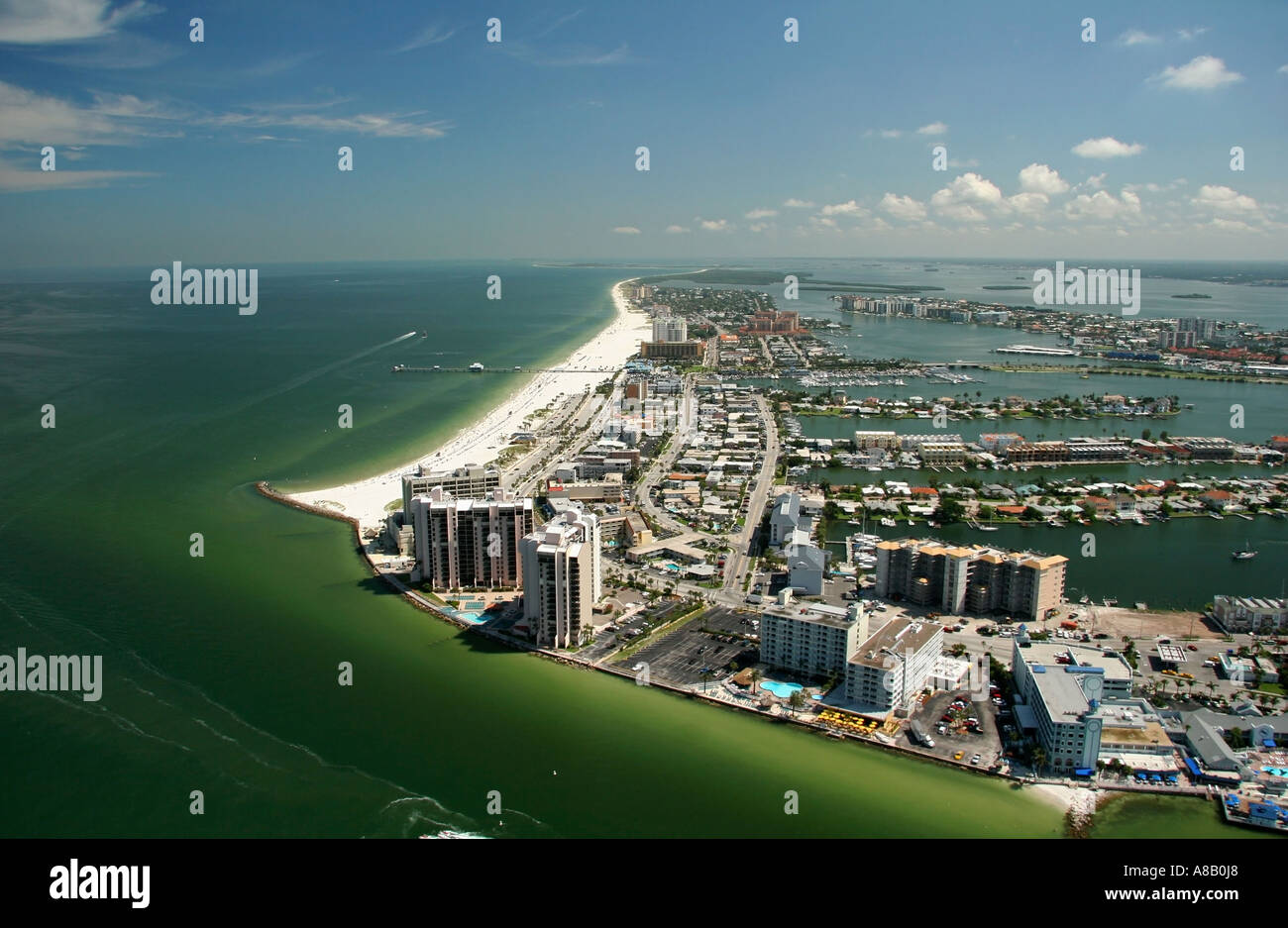 Aerial view of Clearwater Beach Island, Clearwater Pass, Harbor, Bay