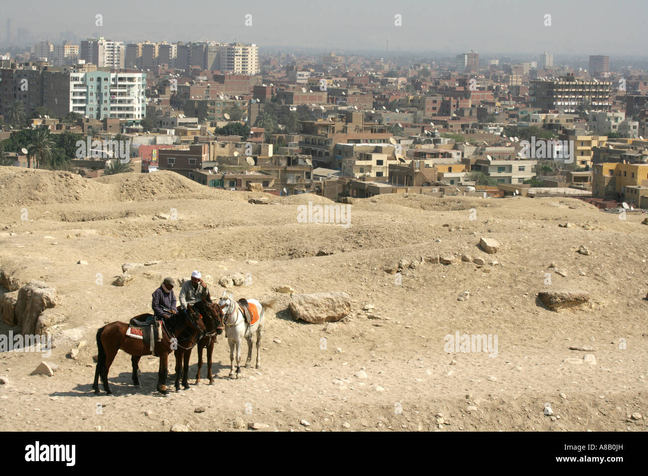 Horseman in desert landscape with distant cityscape of Cairo, Egypt, Middle East Stock Photo