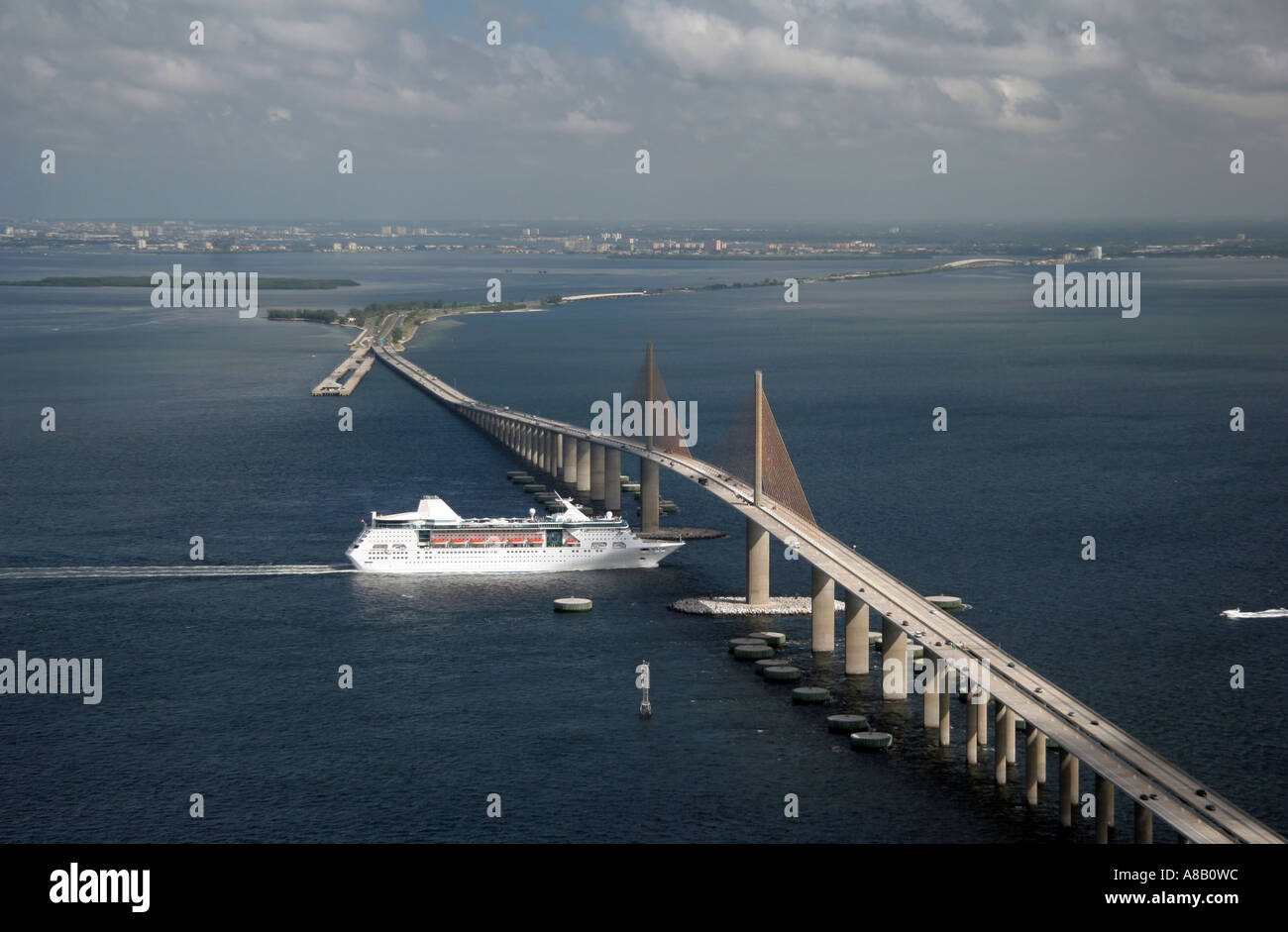 Cruise ship entering Tampa Bay under Sunshine Skyway Bridge, Flotida