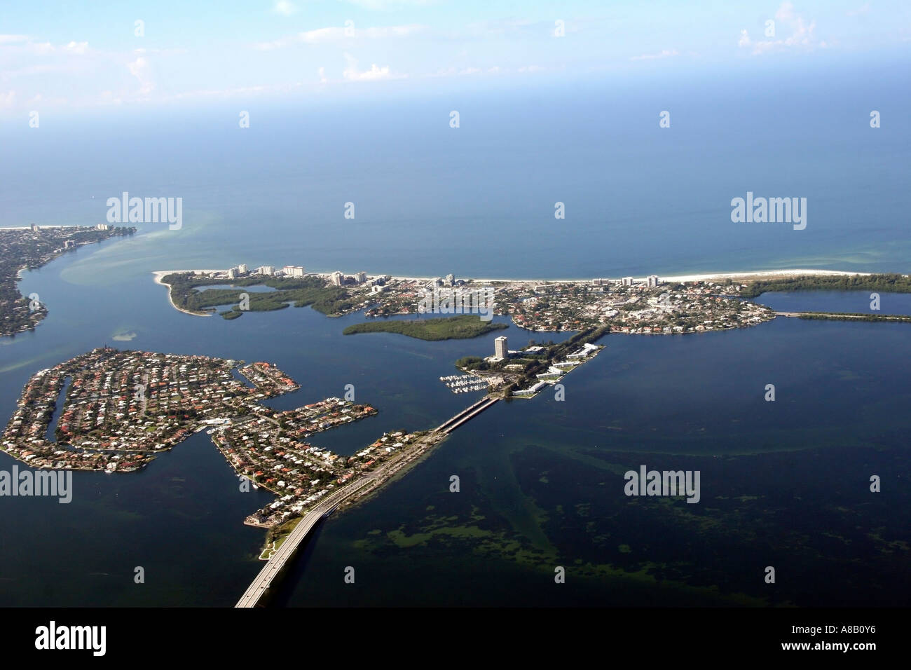 Aerial view of Bird Key, Coon Key, Lido key, City Island, Sarasota ...