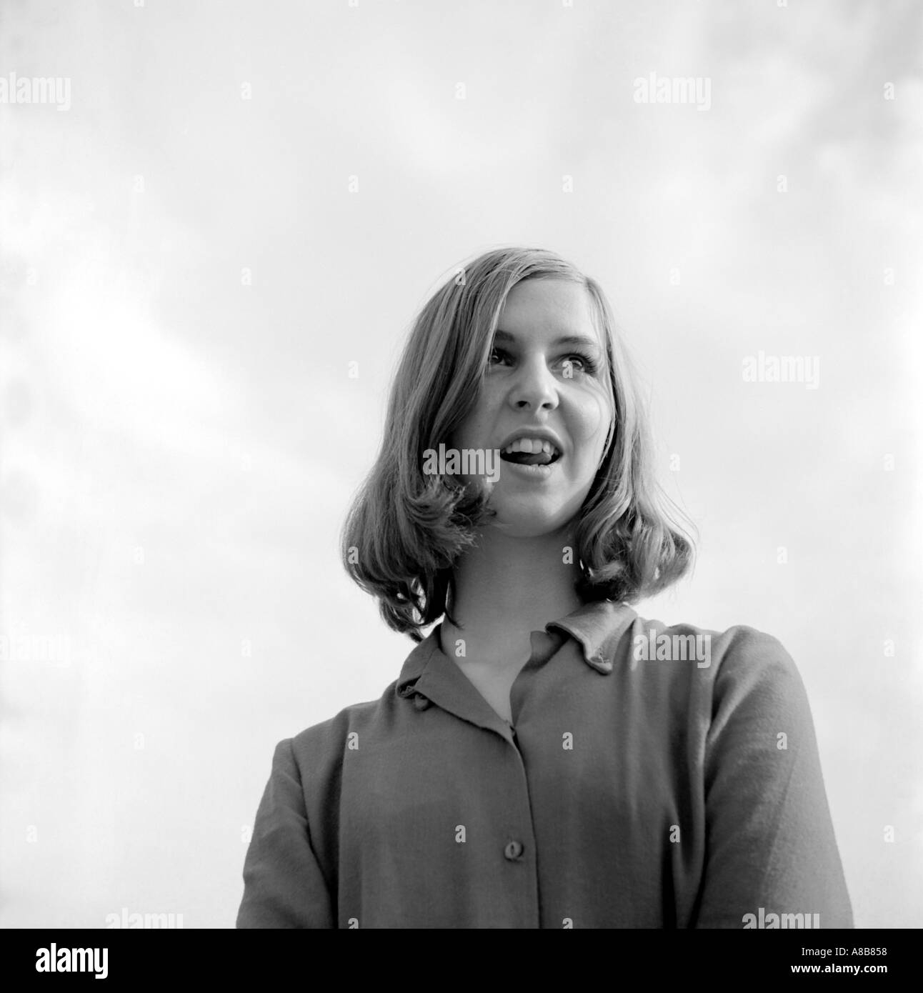 Black and white portrait of a young woman from 1968 Stock Photo
