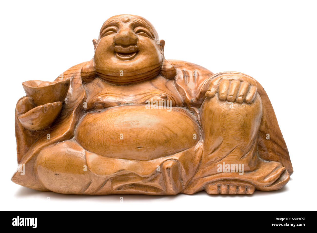 Fat wooden buddha statue isolated on a white background  Stock Photo