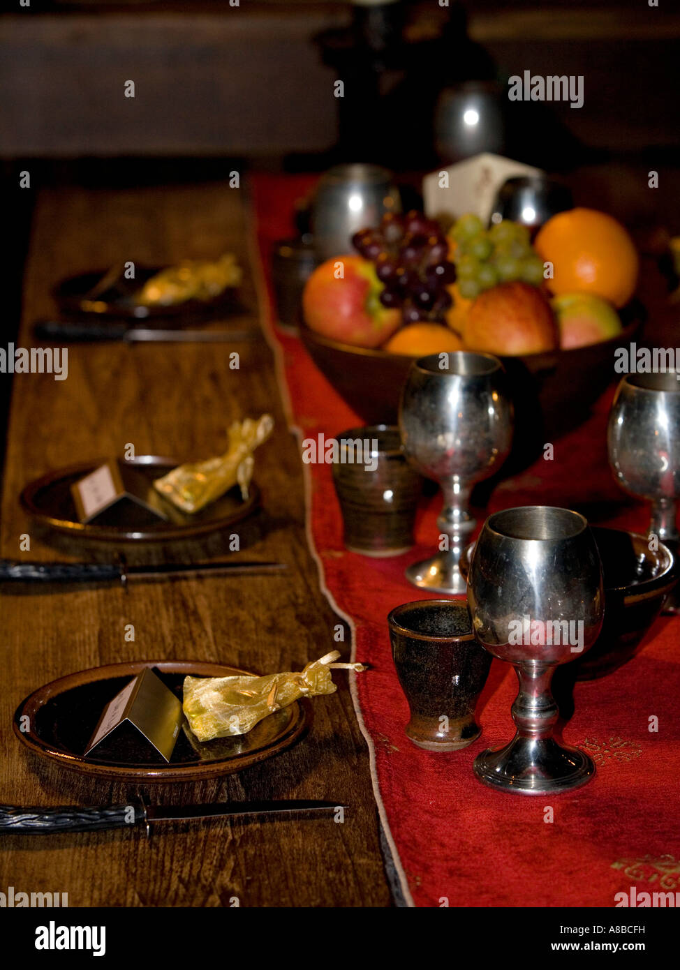 Dining table laid out for a Medieval Banquet Stock Photo