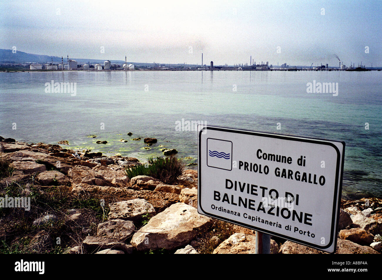 Sign forbidding bathing Priolo Gargallo Sicily Stock Photo