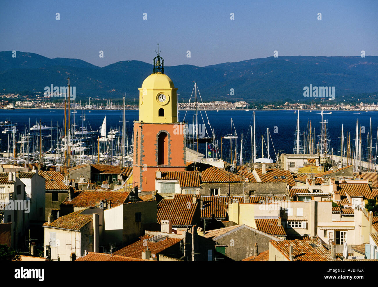 saint tropez view of clock tower, town and bay Stock Photo - Alamy