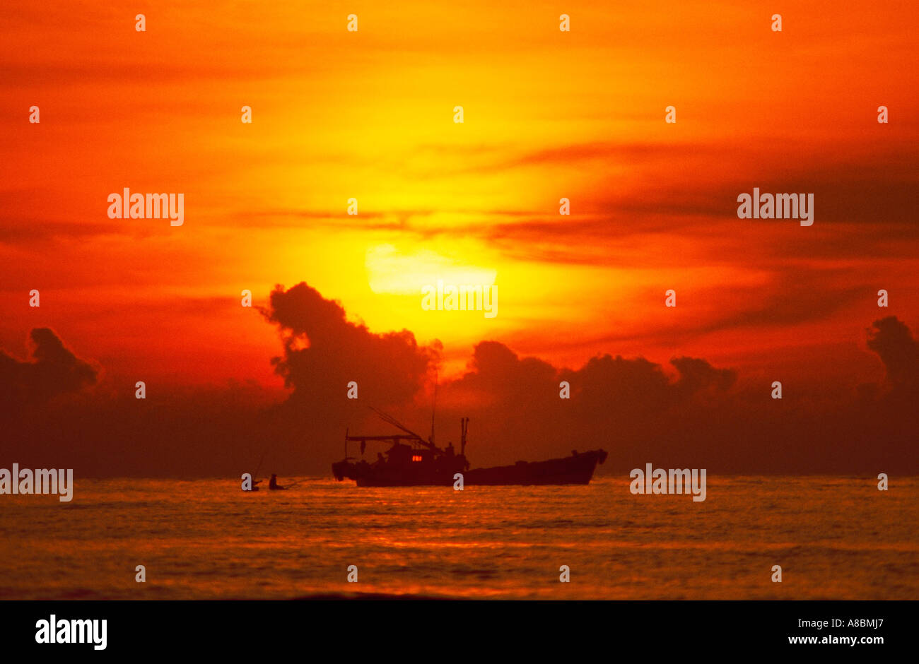 Jeju Island Fishing boat Glowed sea Stock Photo Alamy