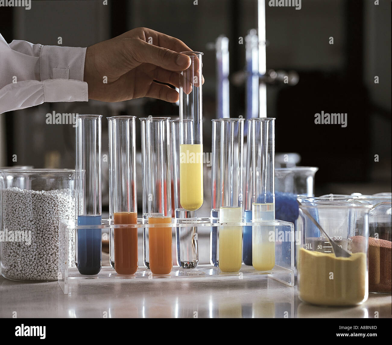 test tubes containing coloured liquid in laboratory setting Stock Photo ...