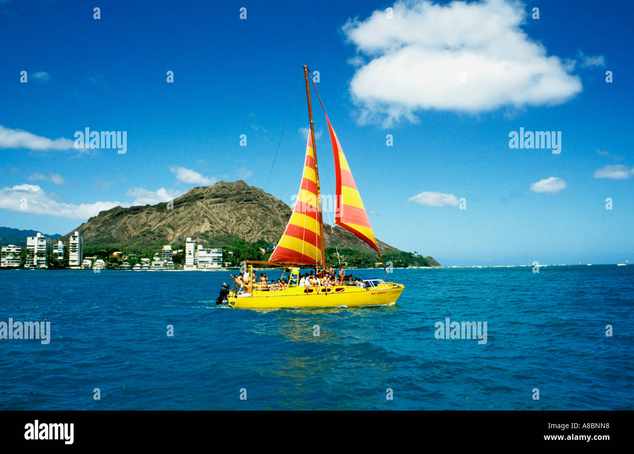 Hawaii Catamaran Sailing Off Waikiki Stock Photo Alamy