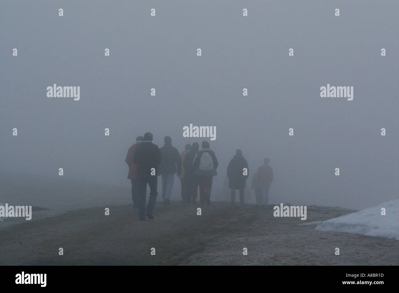 group of people walking in the mist Stock Photo Alamy