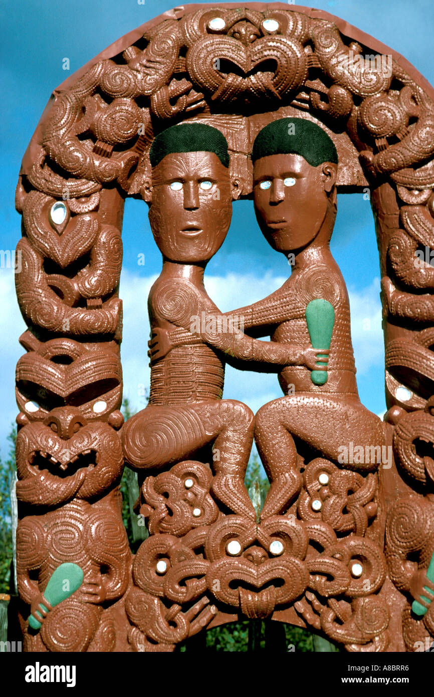 New Zealand Maori carving Rotorua Whakarewarewa Stock Photo