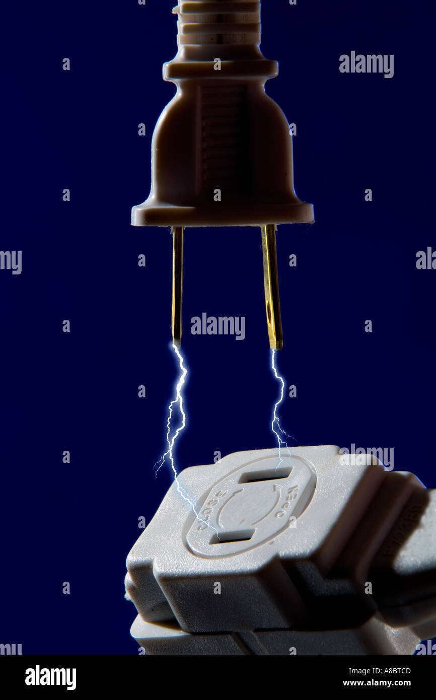 Bolts of lightning and energy flowing from power plug into receptacle